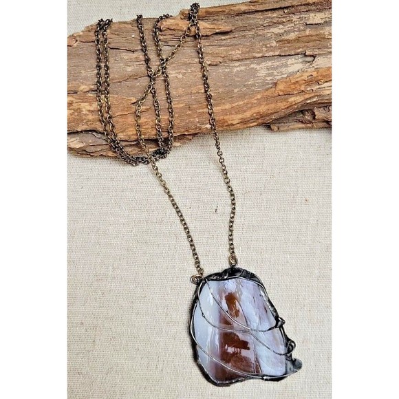 Vintage Doubled sided Stained Glass Artisan Necklace Pendant Greens Blues Amber - Picture 3 of 7